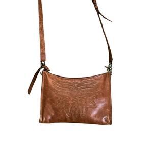 Frye Cognac Leather Crossbody Bag — Embroidered Front, Adjustable Strap